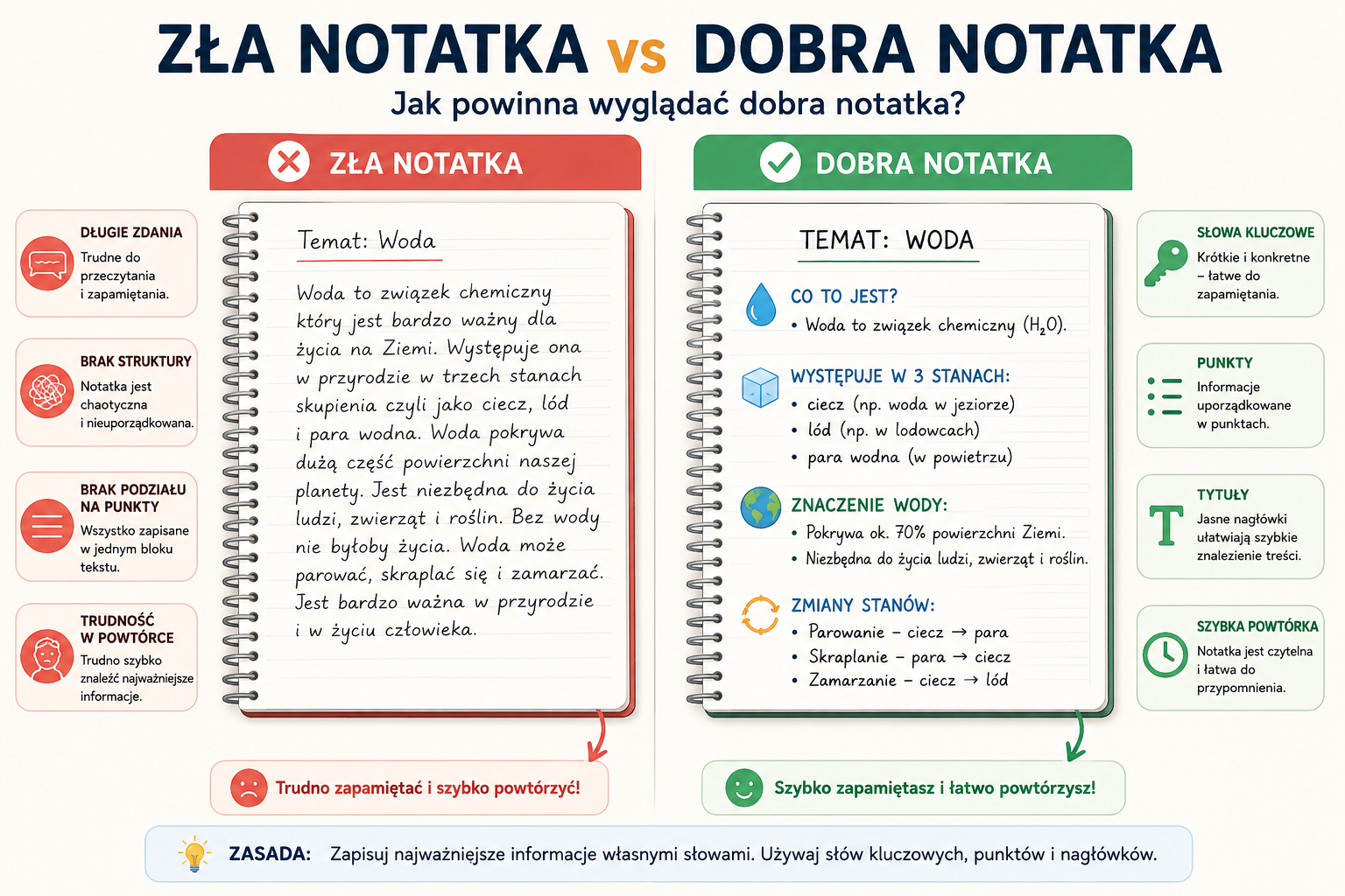 jak nauczyć dziecko skutecznie robić notatki - dobra i zła notatka